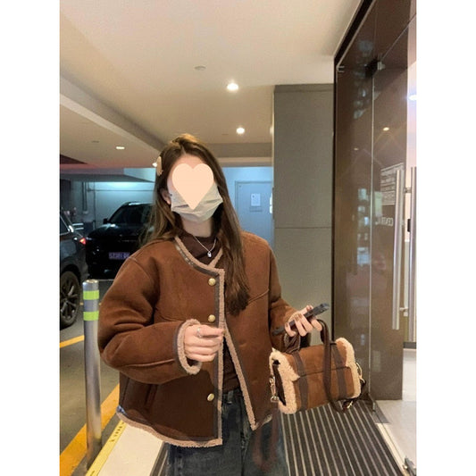 Cashmere Suede Fur Integrated Maillard Long-sleeved Coat For Women