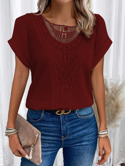 Summer Hollow Out Short-sleeved T-shirt Fashion Ethnic Style Tops Women's Clothing